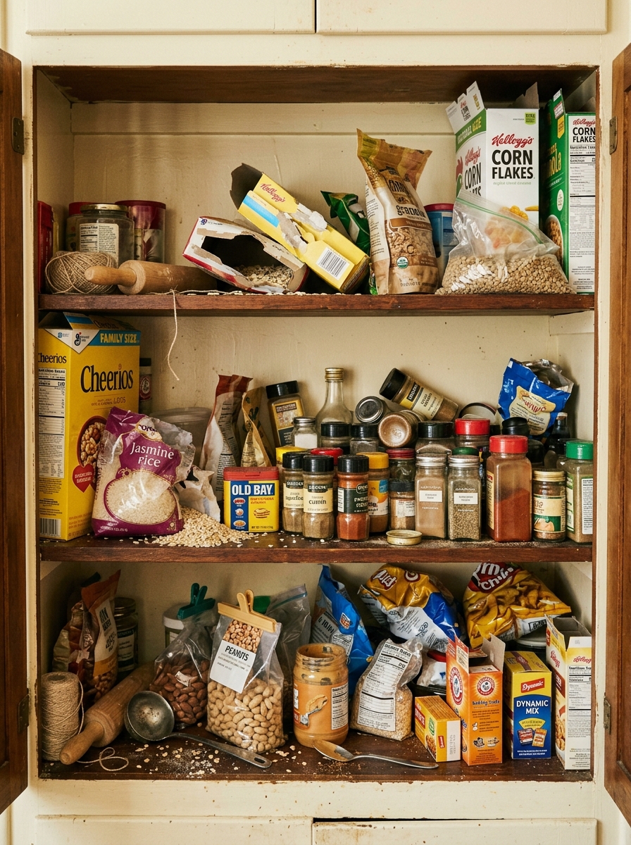 Cluttered kitchen pantry cabinet shelf.